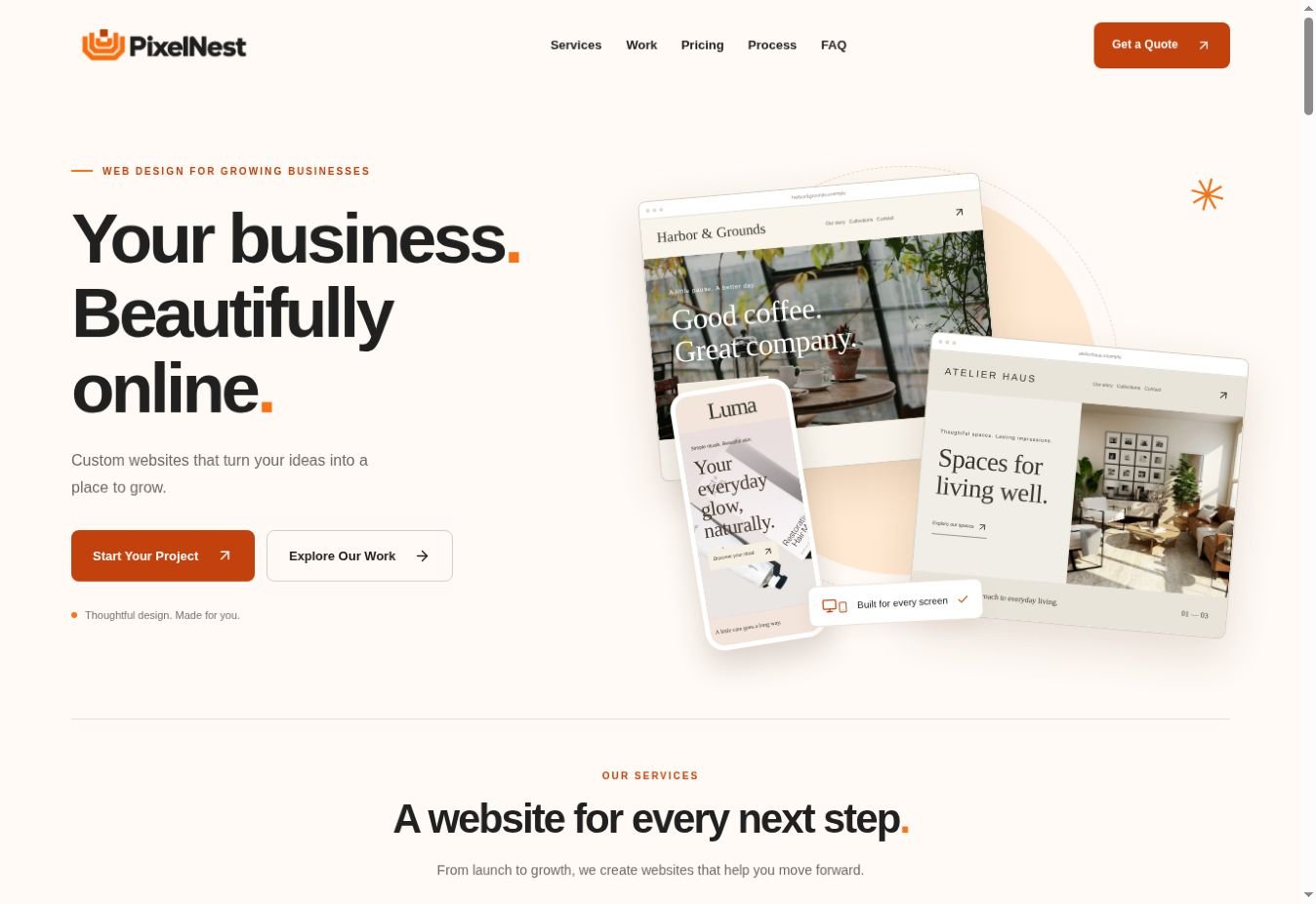 Actual PixelNest homepage showing the orange branding, headline and interactive website collage